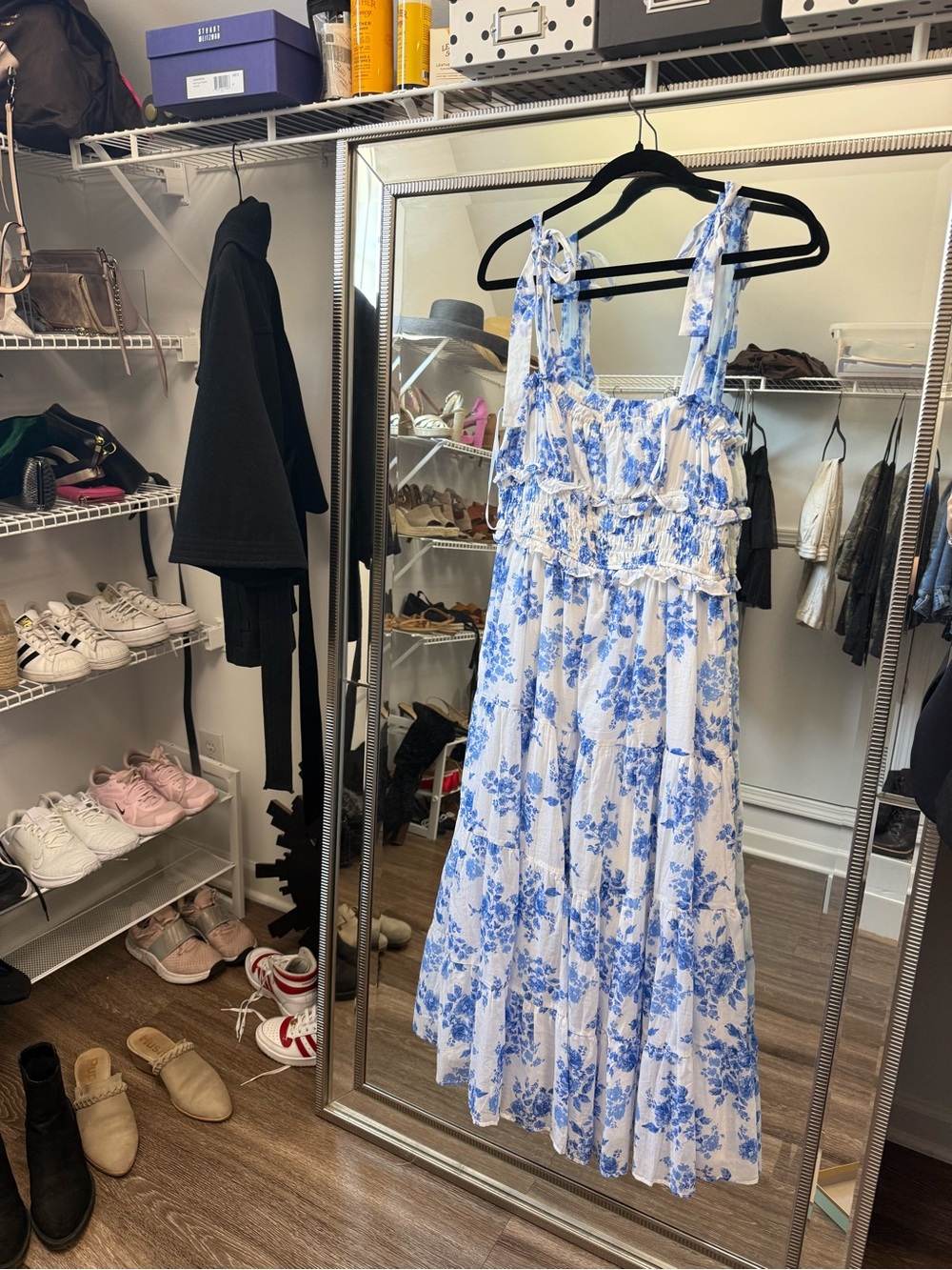 Aqua Blue and White Floral Tie-Shoulder Midi Dress - Picture 2 of 4